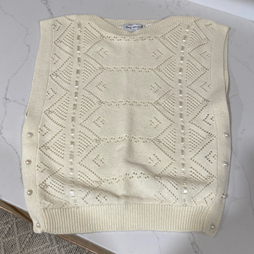 Vintage Sweater Vest with pearl like buttons and ribbon